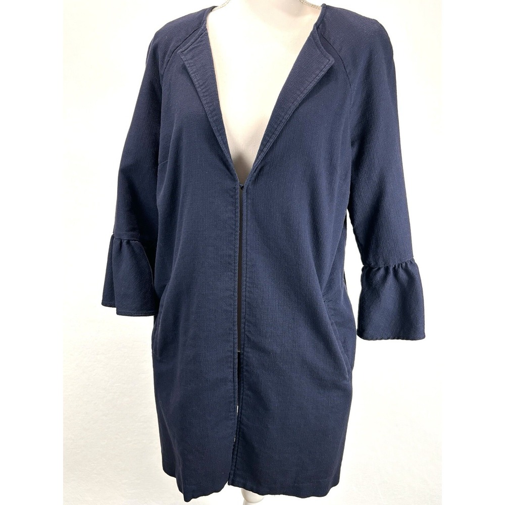 CHICO'S Navy Drama Ruffle Sleeve Jacket Large 12-14 (Chicos 2) Cotton 3/4 Sleeve